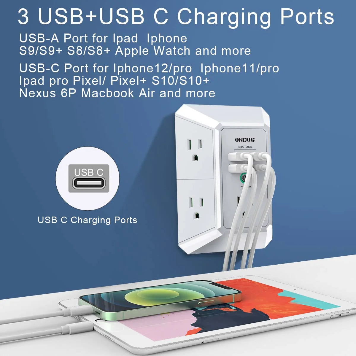 Surge Protector, 5 Outlets Extender with 4 USB Portsusb C, 3-Side 1800J