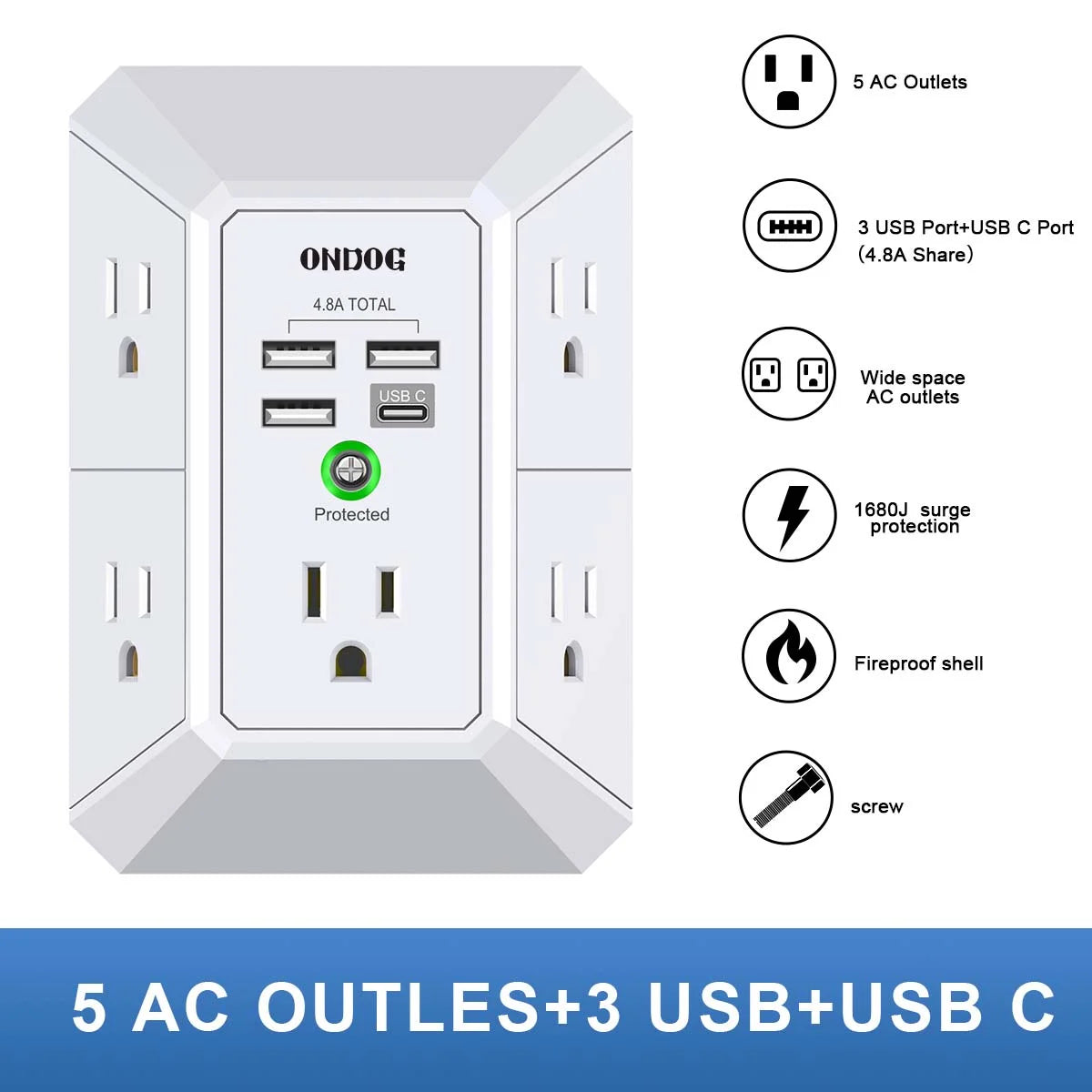 Surge Protector, 5 Outlets Extender with 4 USB Portsusb C, 3-Side 1800J