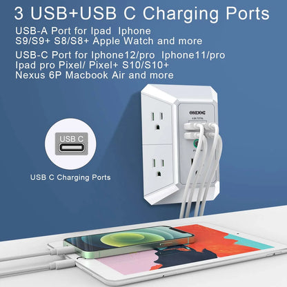 Surge Protector, 5 Outlets Extender with 4 USB Portsusb C, 3-Side 1800J