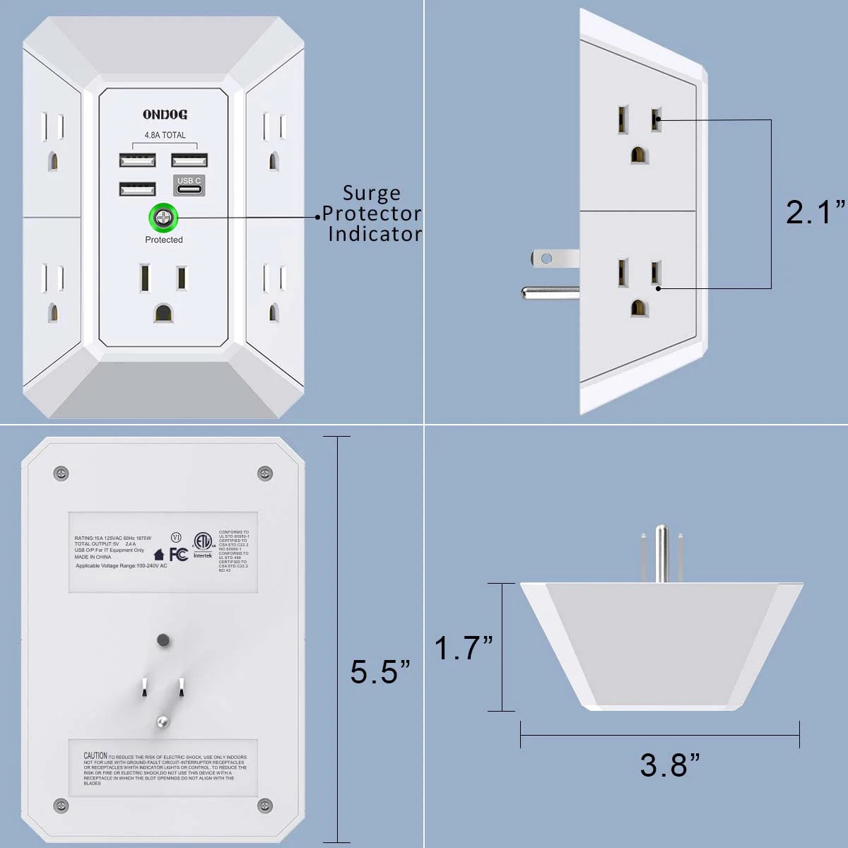 Surge Protector, 5 Outlets Extender with 4 USB Portsusb C, 3-Side 1800J