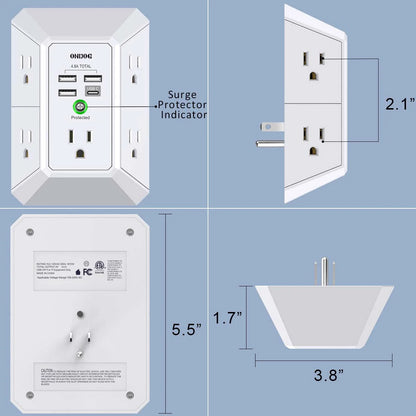 Surge Protector, 5 Outlets Extender with 4 USB Portsusb C, 3-Side 1800J