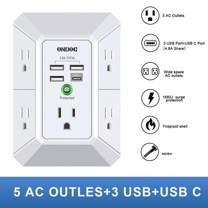 Surge Protector, 5 Outlets Extender with 4 USB Portsusb C, 3-Side 1800J
